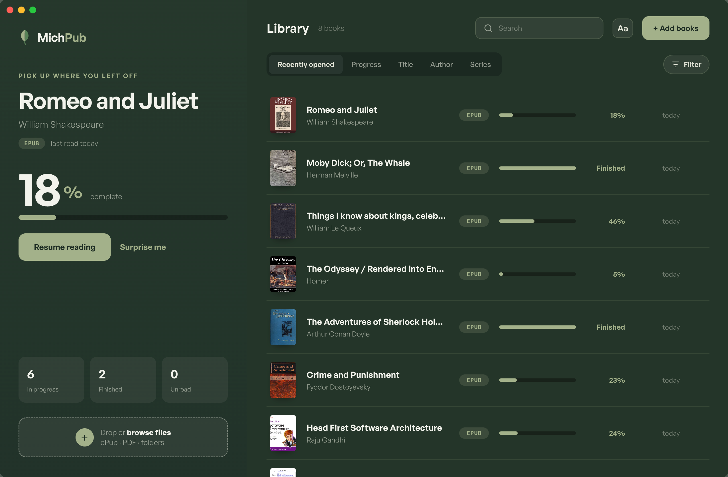 The MichPub library, showing recent books and reading progress