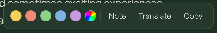 The selection popover for highlighting, notes, and translation