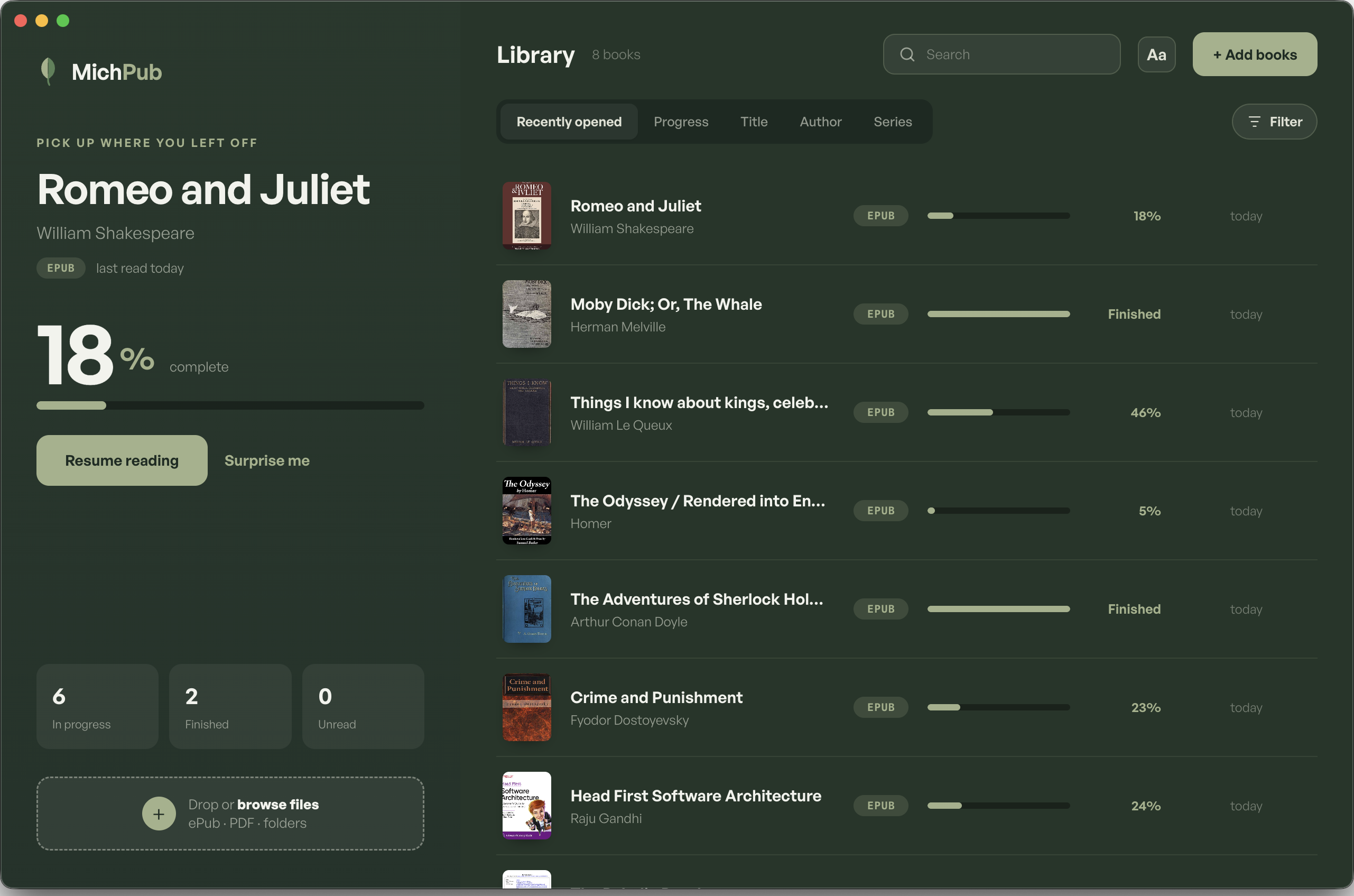 The MichPub library, showing recent books and reading progress