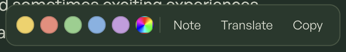 The selection popover for highlighting, notes, and translation