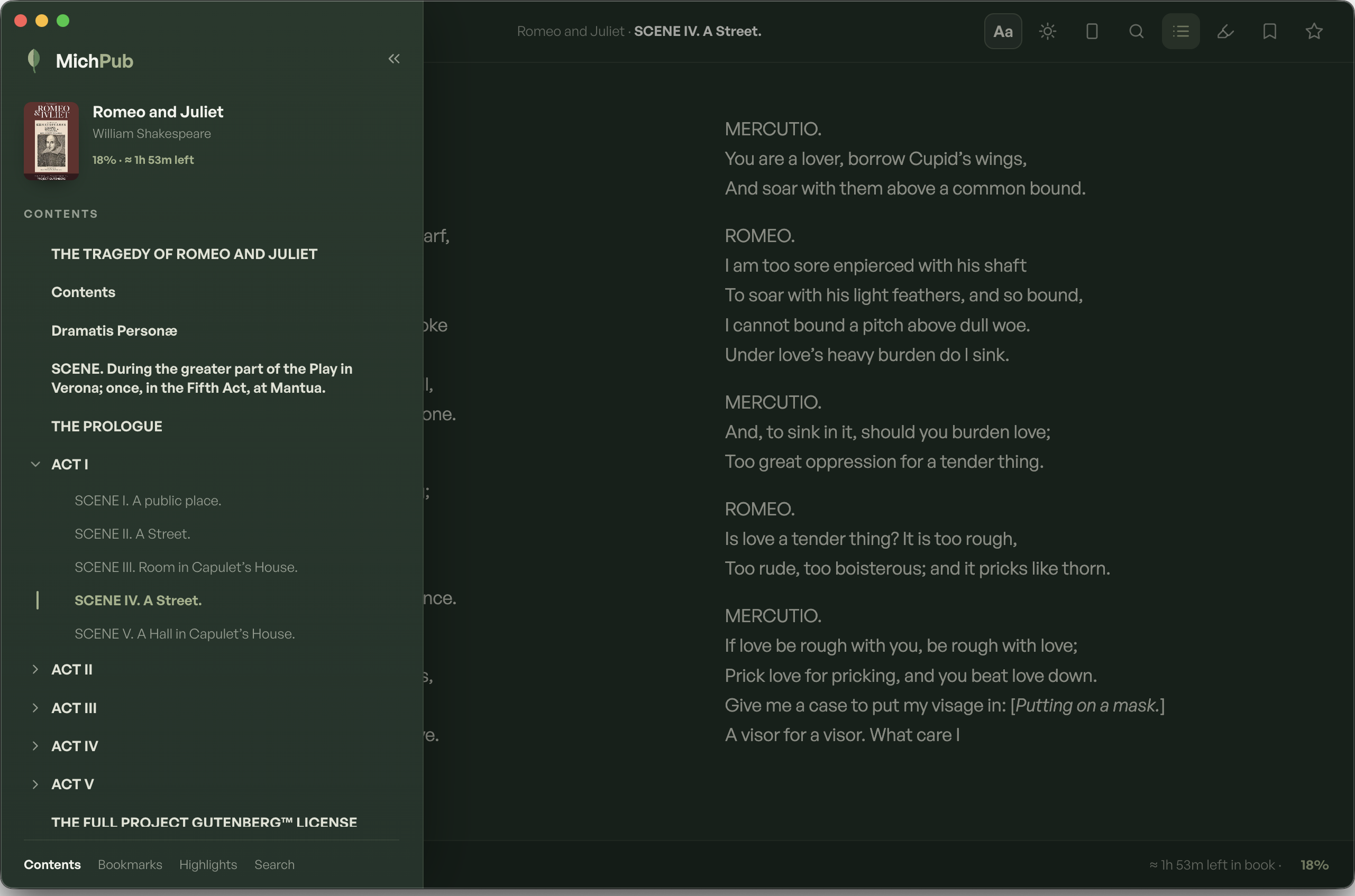 A book open in MichPub beside its nested table of contents